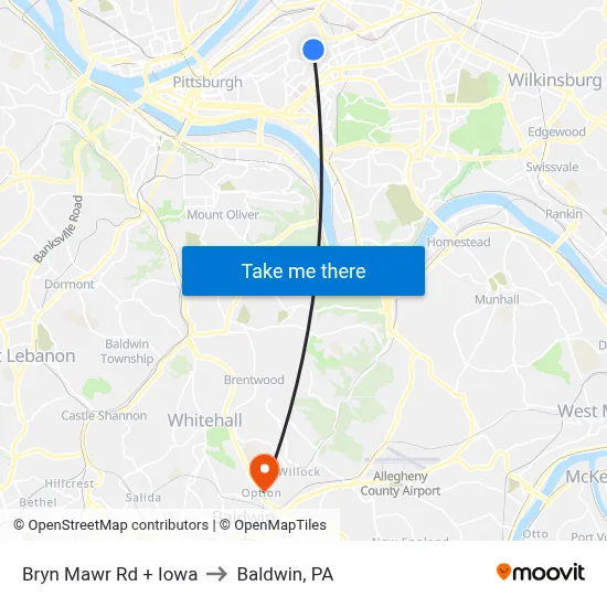 Bryn Mawr Rd + Iowa to Baldwin, PA map