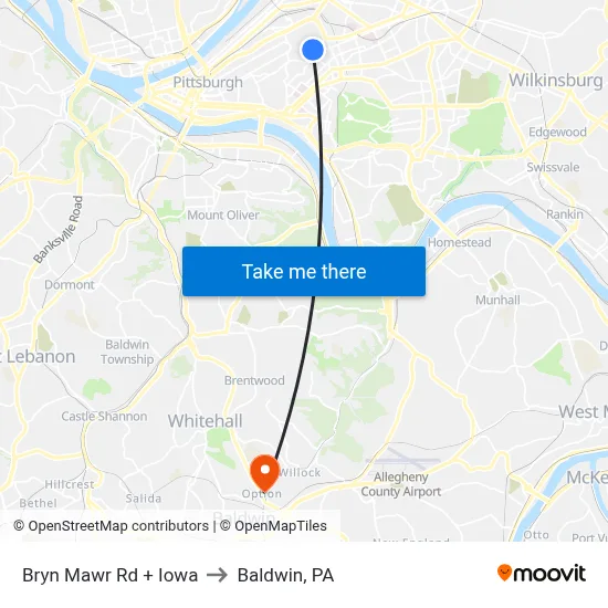 Bryn Mawr Rd + Iowa to Baldwin, PA map