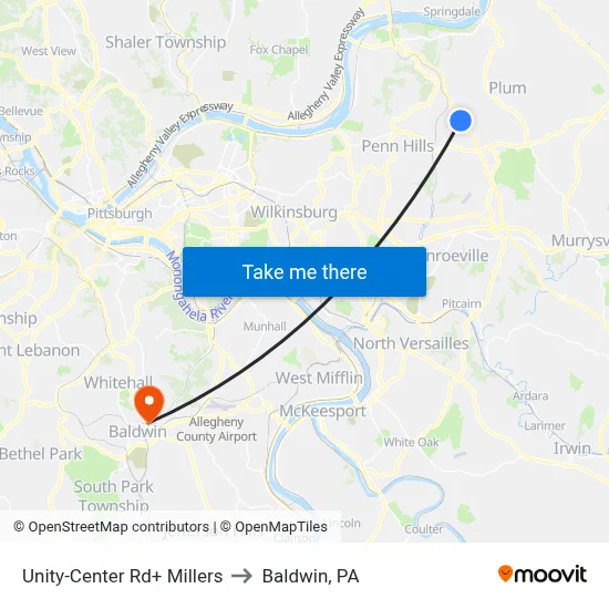 Unity-Center Rd+ Millers to Baldwin, PA map