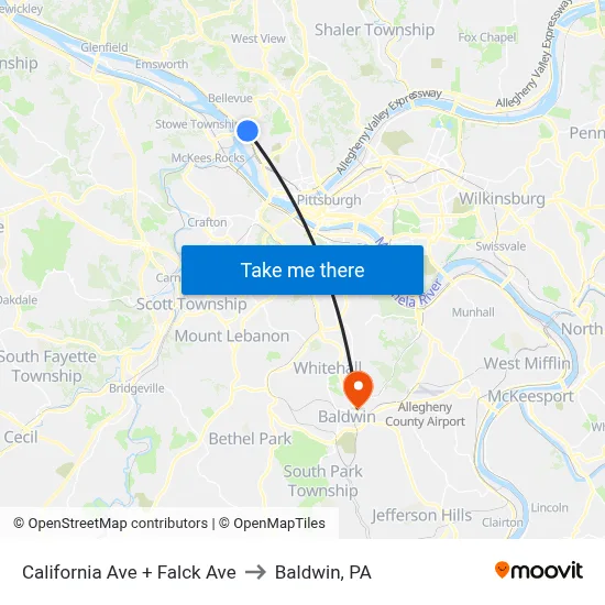 California Ave + Falck Ave to Baldwin, PA map