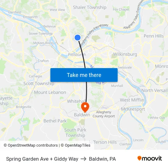 Spring Garden Ave + Giddy Way to Baldwin, PA map