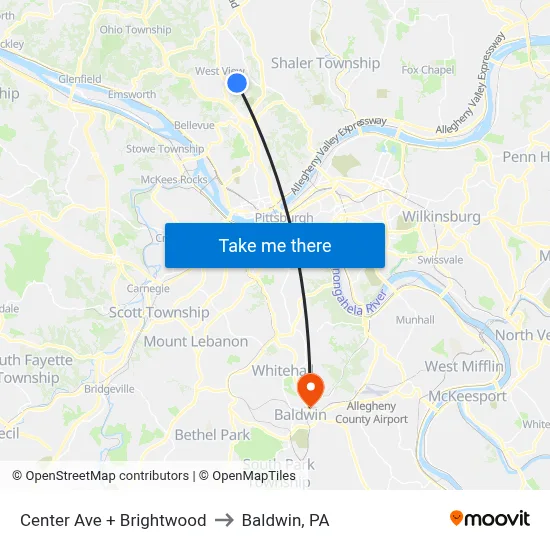Center Ave + Brightwood to Baldwin, PA map