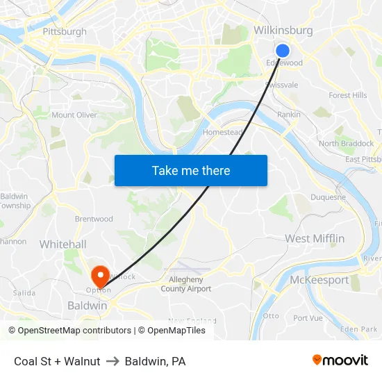 Coal St + Walnut to Baldwin, PA map
