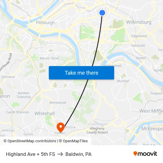 Highland Ave + 5th FS to Baldwin, PA map