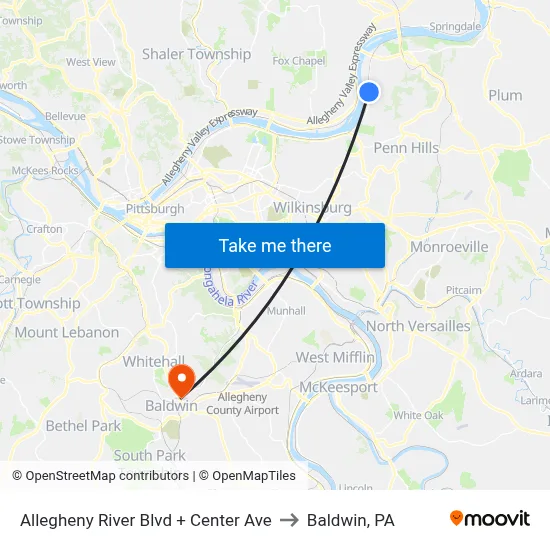 Allegheny River Blvd + Center Ave to Baldwin, PA map