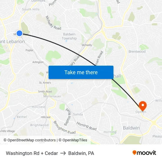 Washington Rd + Cedar to Baldwin, PA map