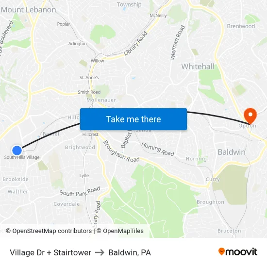 Village Dr + Stairtower to Baldwin, PA map