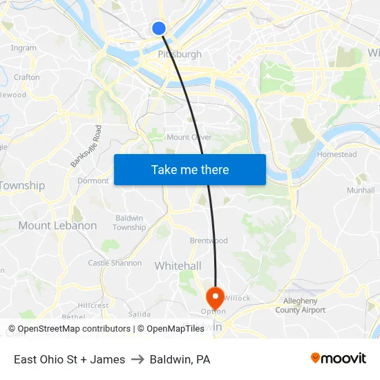 East Ohio St + James to Baldwin, PA map