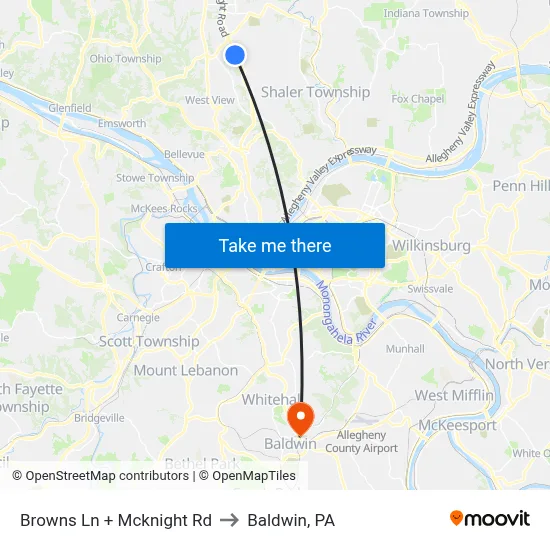Browns Ln + Mcknight Rd to Baldwin, PA map
