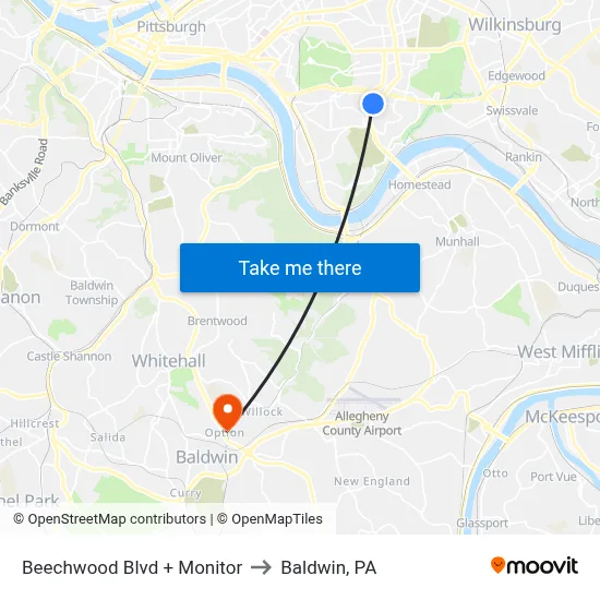 Beechwood Blvd + Monitor to Baldwin, PA map