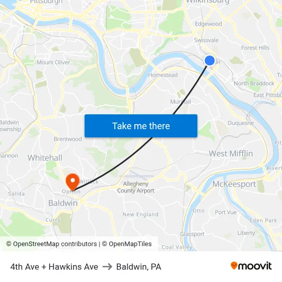 4th Ave + Hawkins Ave to Baldwin, PA map