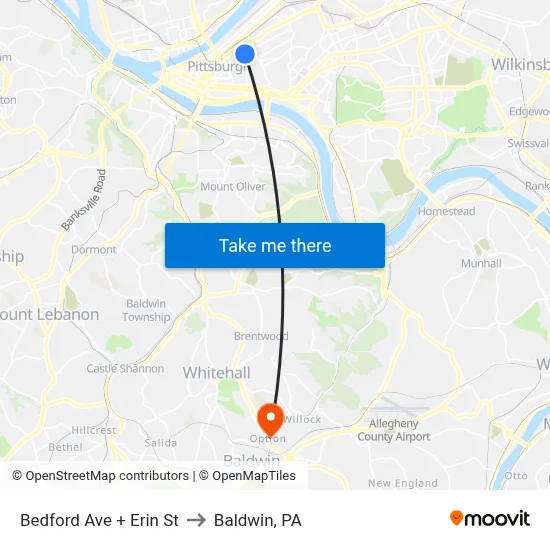 Bedford Ave + Erin St to Baldwin, PA map