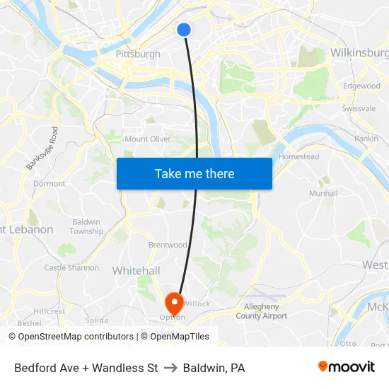 Bedford Ave + Wandless St to Baldwin, PA map