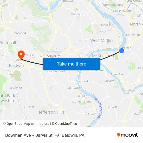 Bowman Ave + Jarvis St to Baldwin, PA map