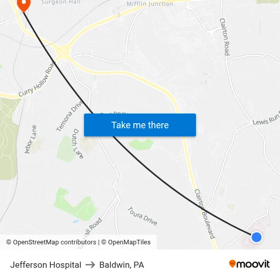 Jefferson Hospital to Baldwin, PA map