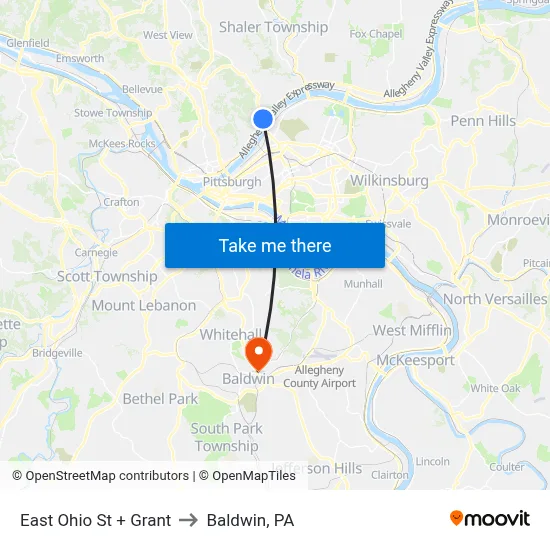 East Ohio St + Grant to Baldwin, PA map