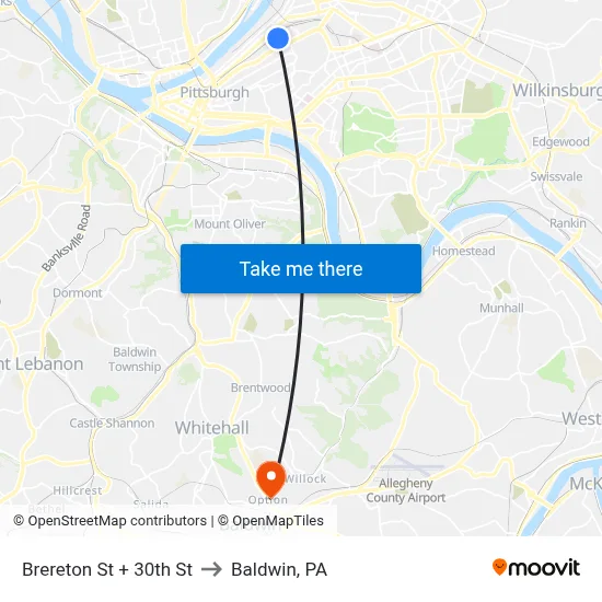 Brereton St + 30th St to Baldwin, PA map