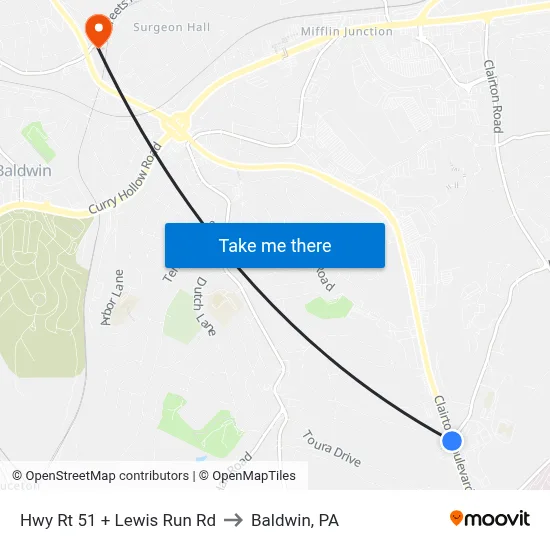 Hwy Rt 51 + Lewis Run Rd to Baldwin, PA map