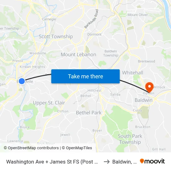 Washington Ave + James St FS (Post Office) to Baldwin, PA map