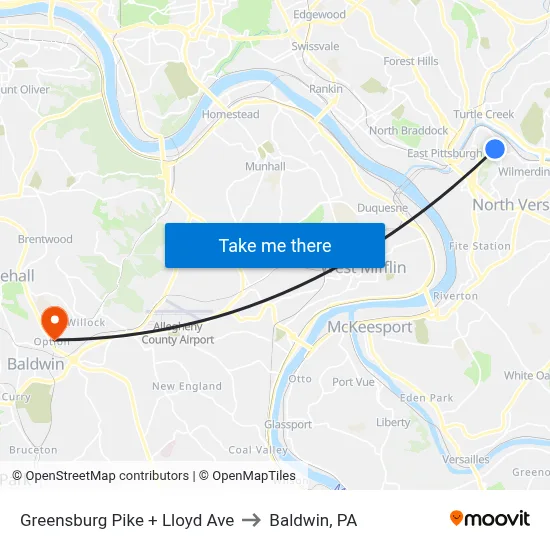 Greensburg Pike + Lloyd Ave to Baldwin, PA map