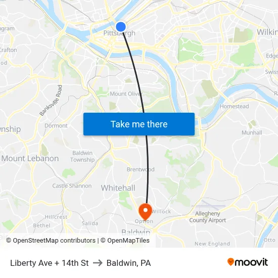 Liberty Ave + 14th St to Baldwin, PA map