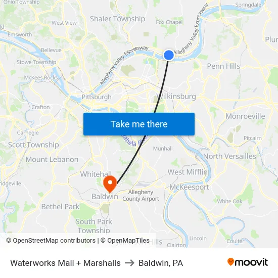 Waterworks Mall + Marshalls to Baldwin, PA map