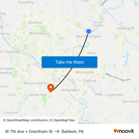 W 7th Ave + Grantham St to Baldwin, PA map