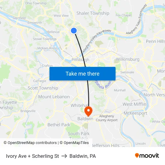 Ivory Ave + Scherling St to Baldwin, PA map