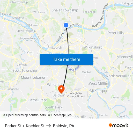 Parker St + Koehler St to Baldwin, PA map
