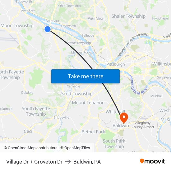 Village Dr + Groveton Dr to Baldwin, PA map