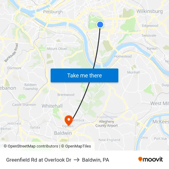 Greenfield Rd at Overlook Dr to Baldwin, PA map
