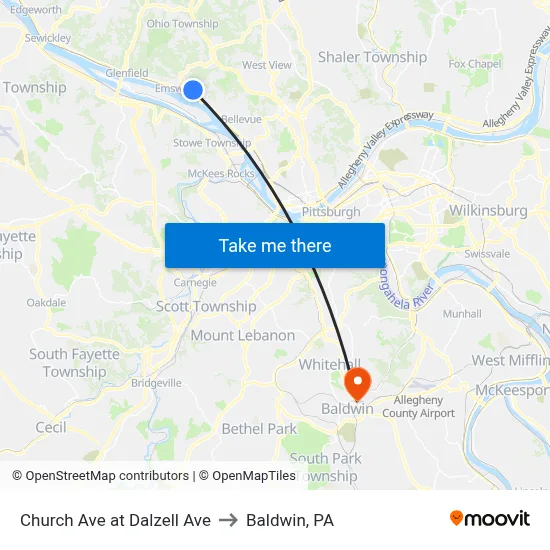 Church Ave at Dalzell Ave to Baldwin, PA map