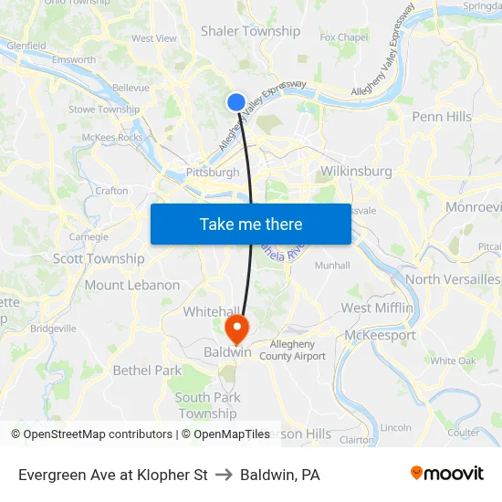 Evergreen Ave at Klopher St to Baldwin, PA map