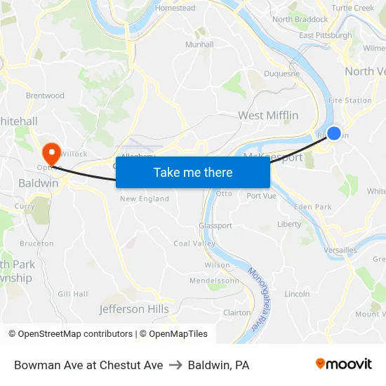 Bowman Ave at Chestut Ave to Baldwin, PA map