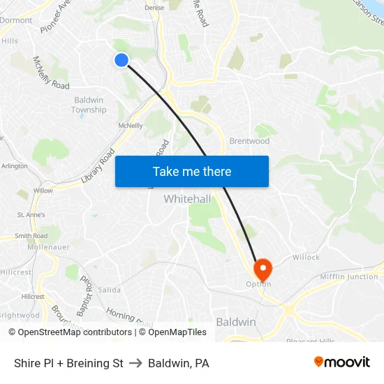 Shire Pl + Breining St to Baldwin, PA map