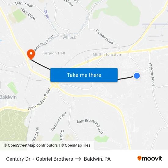 Century Dr + Gabriel Brothers to Baldwin, PA map