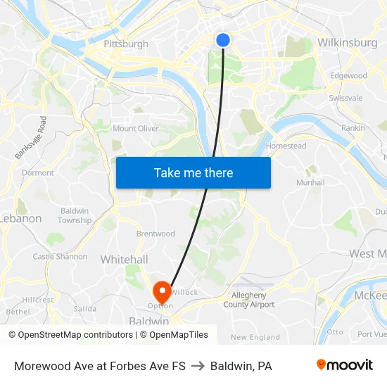Morewood Ave at Forbes Ave FS to Baldwin, PA map
