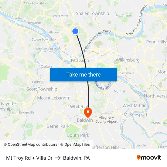 Mt Troy Rd + Villa Dr to Baldwin, PA map