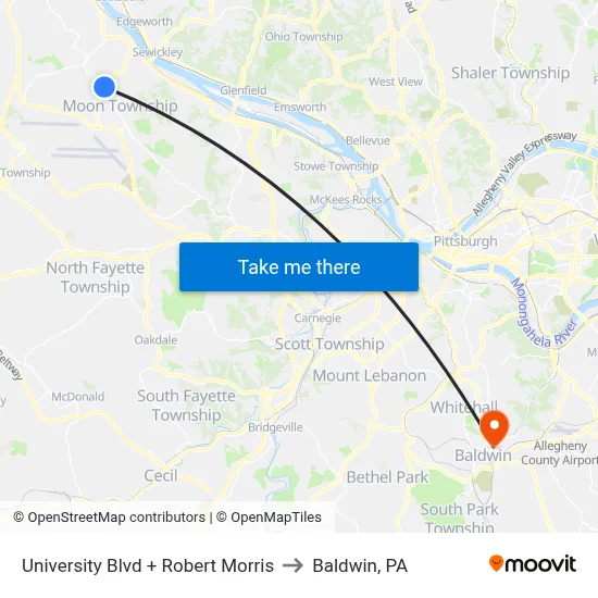 University Blvd + Robert Morris to Baldwin, PA map