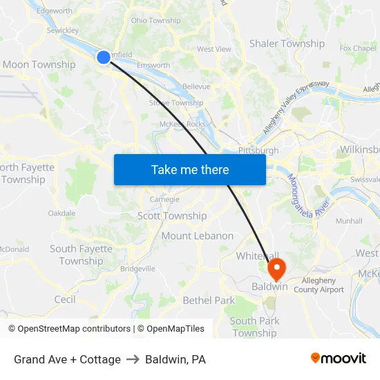 Grand Ave + Cottage to Baldwin, PA map