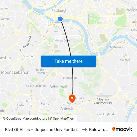Blvd Of Allies + Duquesne Univ Footbridge to Baldwin, PA map