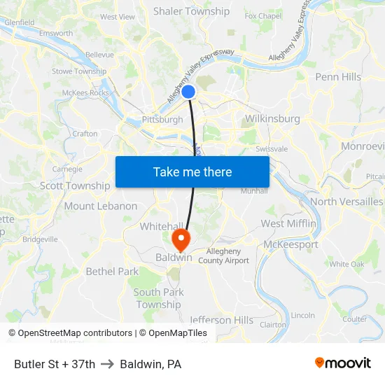 Butler St + 37th to Baldwin, PA map