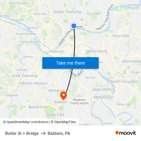 Butler St + Bridge to Baldwin, PA map