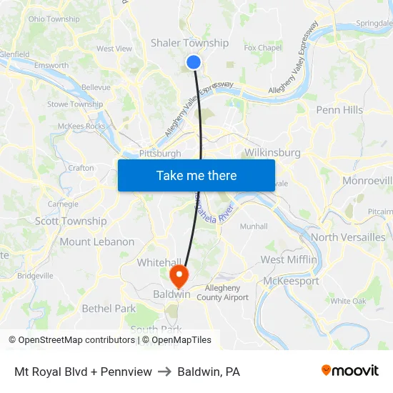Mt Royal Blvd + Pennview to Baldwin, PA map