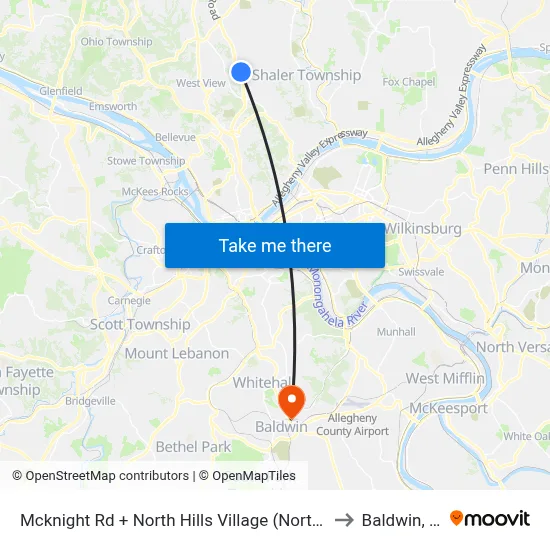 Mcknight Rd + North Hills Village (North Ent) to Baldwin, PA map