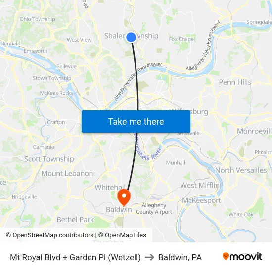 Mt Royal Blvd + Garden Pl (Wetzell) to Baldwin, PA map