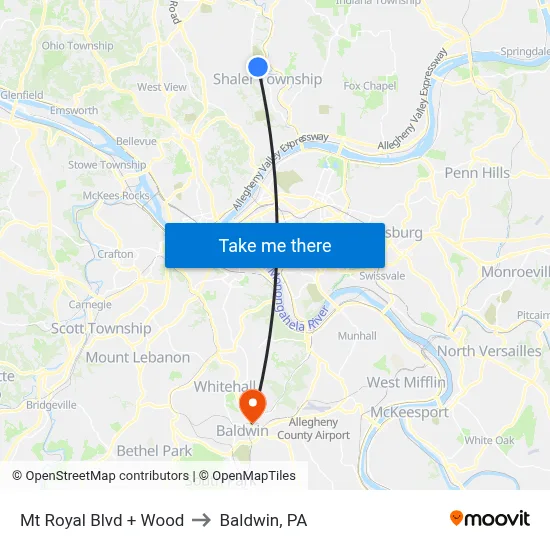 Mt Royal Blvd + Wood to Baldwin, PA map