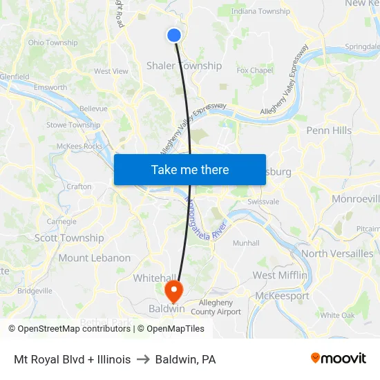 Mt Royal Blvd + Illinois to Baldwin, PA map