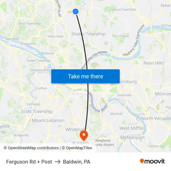 Ferguson Rd + Post to Baldwin, PA map