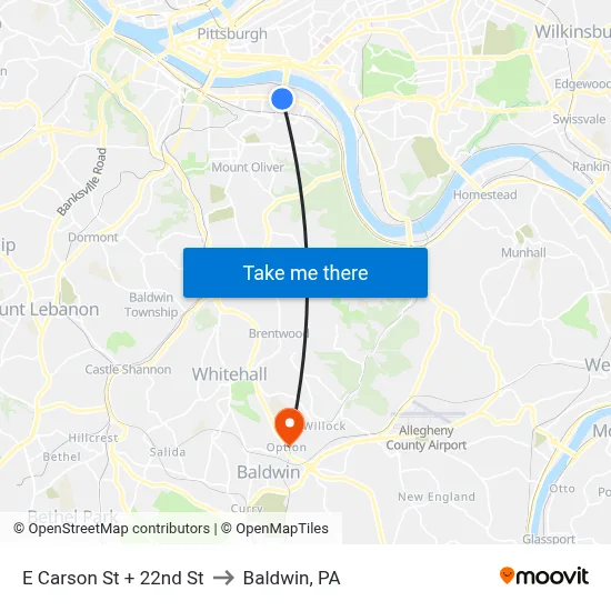 E Carson St + 22nd St to Baldwin, PA map